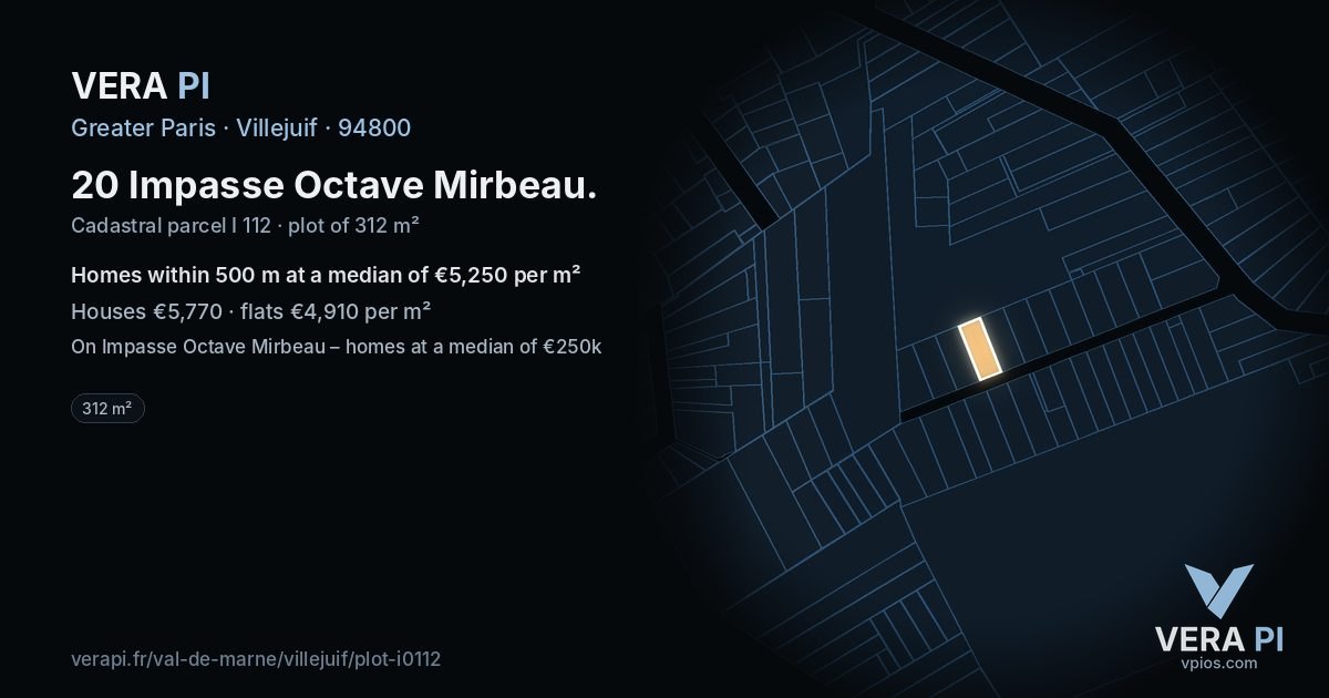 20 Impasse Octave Mirbeau, Villejuif at night – the plot lit, the parcels around coloured by the prices near them