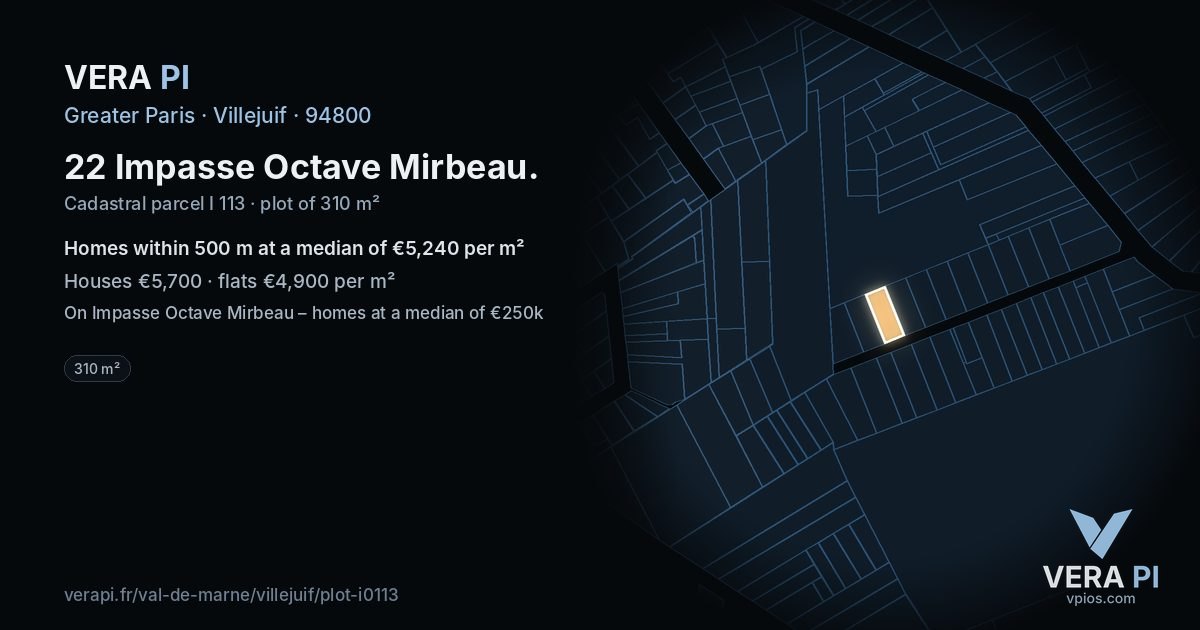 22 Impasse Octave Mirbeau, Villejuif at night – the plot lit, the parcels around coloured by the prices near them