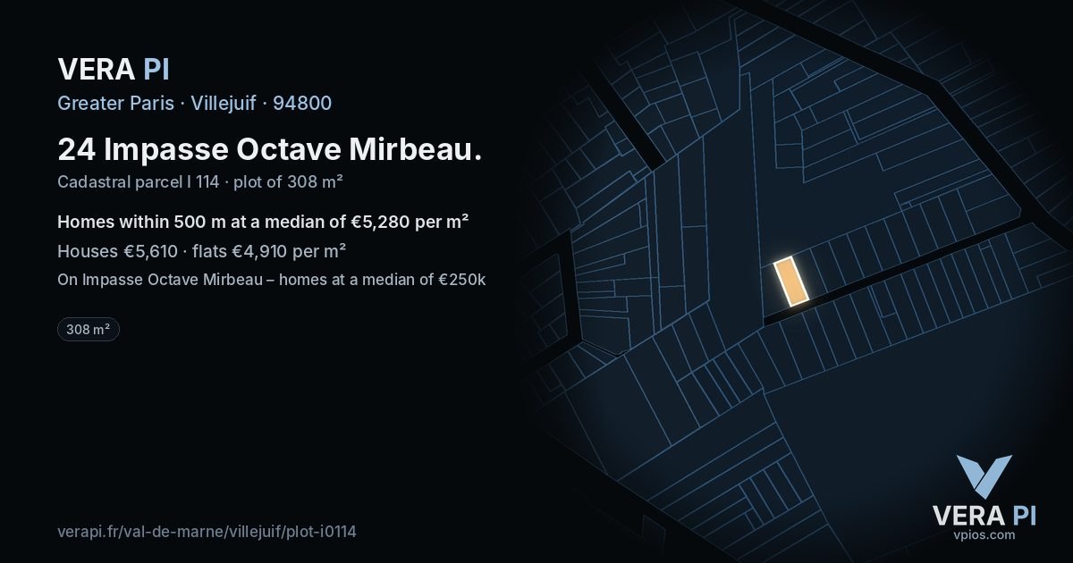 24 Impasse Octave Mirbeau, Villejuif at night – the plot lit, the parcels around coloured by the prices near them