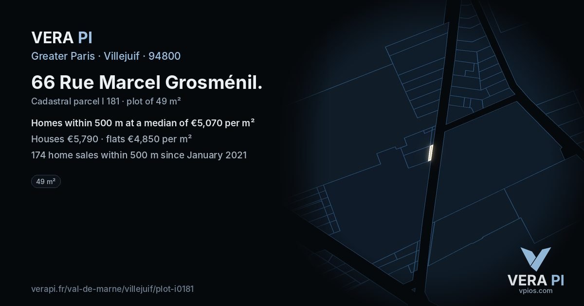 66 Rue Marcel Grosménil, Villejuif at night – the plot lit, the parcels around coloured by the prices near them