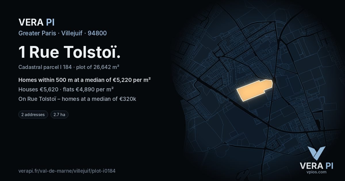 1 Rue Tolstoï, Villejuif at night – the plot lit, the parcels around coloured by the prices near them