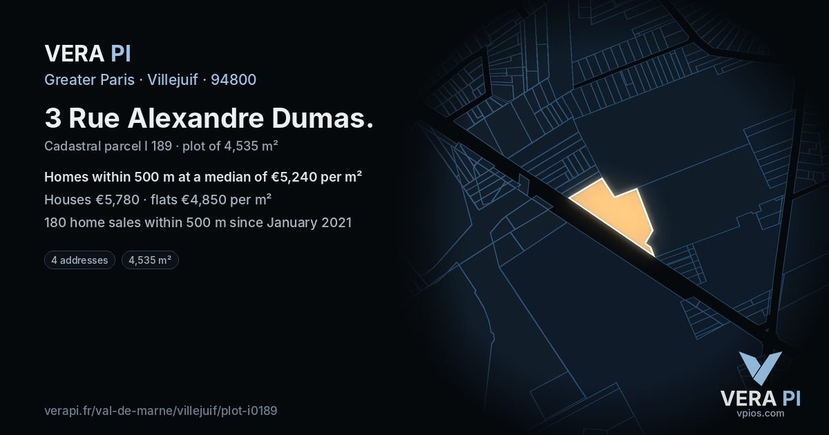 3 Rue Alexandre Dumas, Villejuif at night – the plot lit, the parcels around coloured by the prices near them