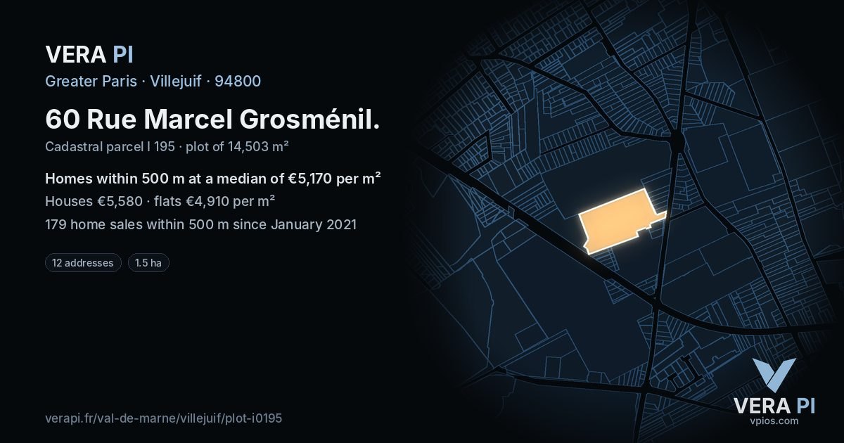 60 Rue Marcel Grosménil, Villejuif at night – the plot lit, the parcels around coloured by the prices near them