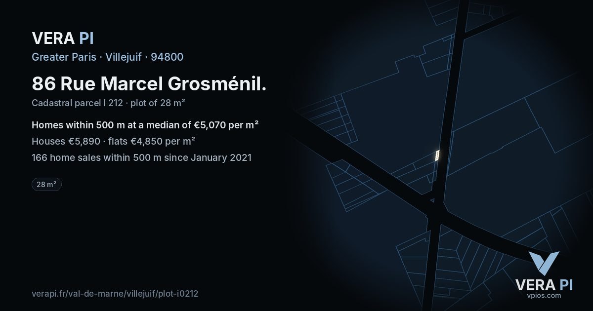 86 Rue Marcel Grosménil, Villejuif at night – the plot lit, the parcels around coloured by the prices near them