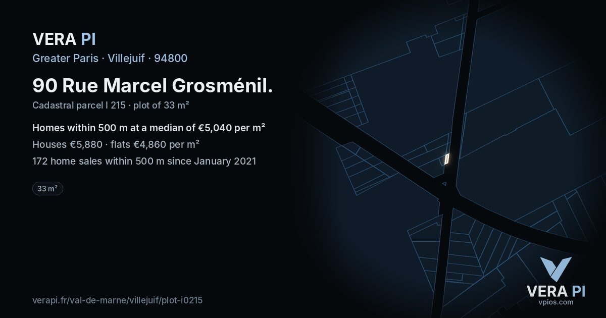 90 Rue Marcel Grosménil, Villejuif at night – the plot lit, the parcels around coloured by the prices near them