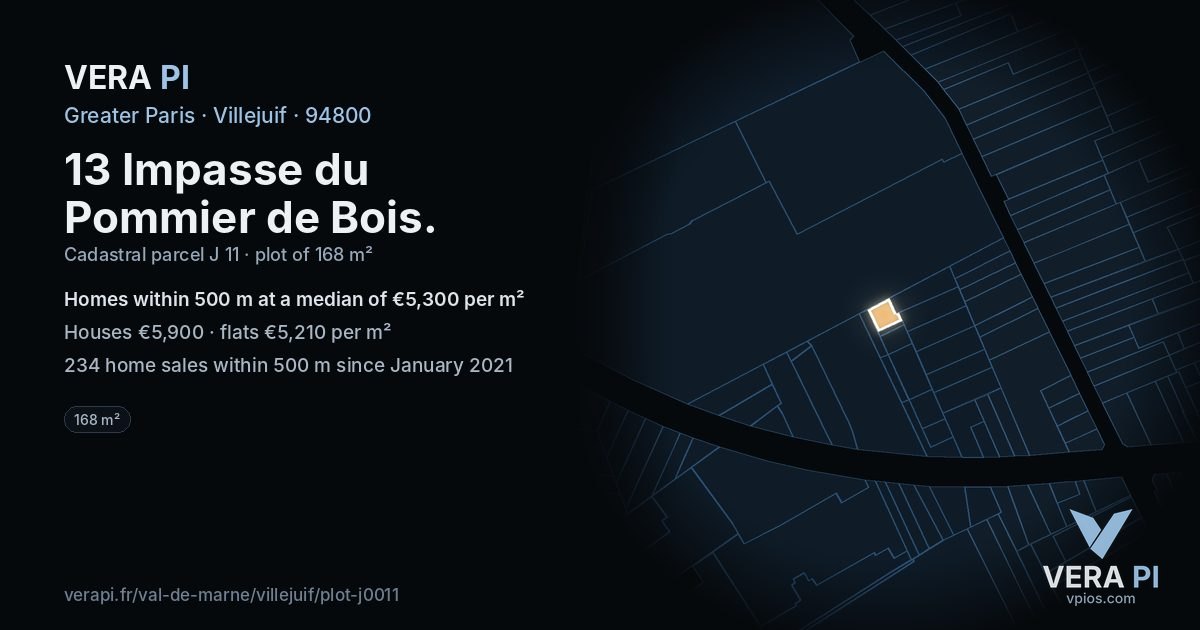 13 Impasse du Pommier de Bois, Villejuif at night – the plot lit, the parcels around coloured by the prices near them