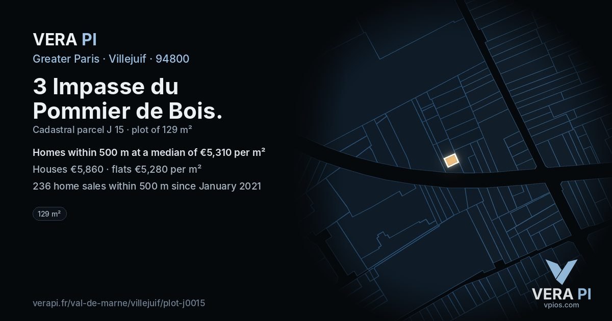 3 Impasse du Pommier de Bois, Villejuif at night – the plot lit, the parcels around coloured by the prices near them