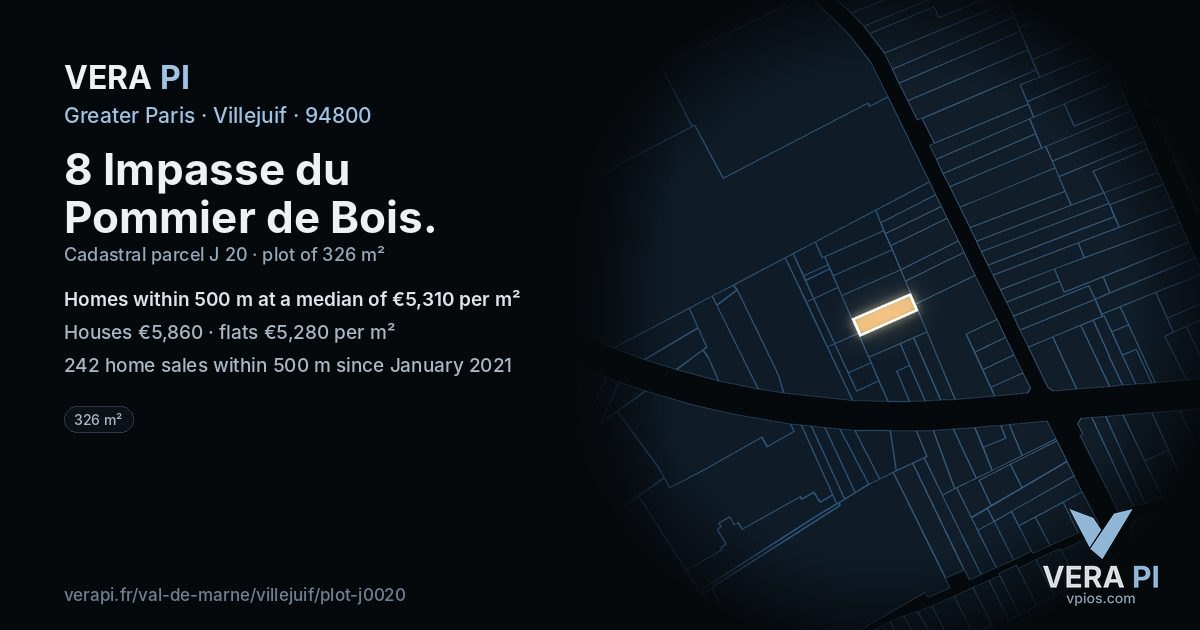 8 Impasse du Pommier de Bois, Villejuif at night – the plot lit, the parcels around coloured by the prices near them
