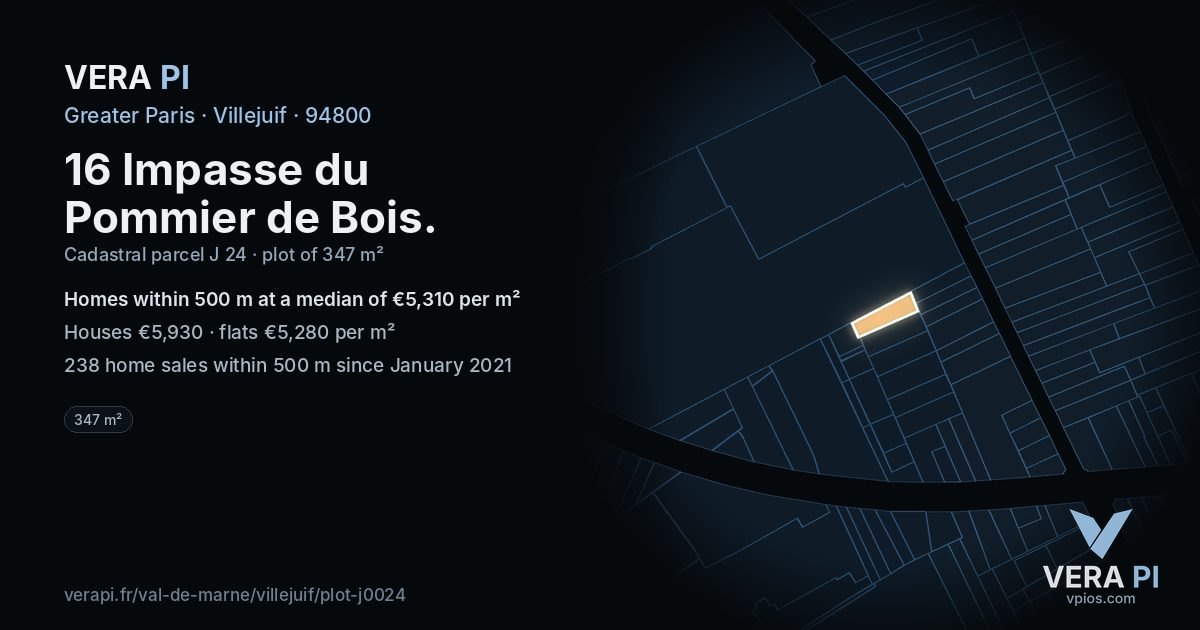 16 Impasse du Pommier de Bois, Villejuif at night – the plot lit, the parcels around coloured by the prices near them