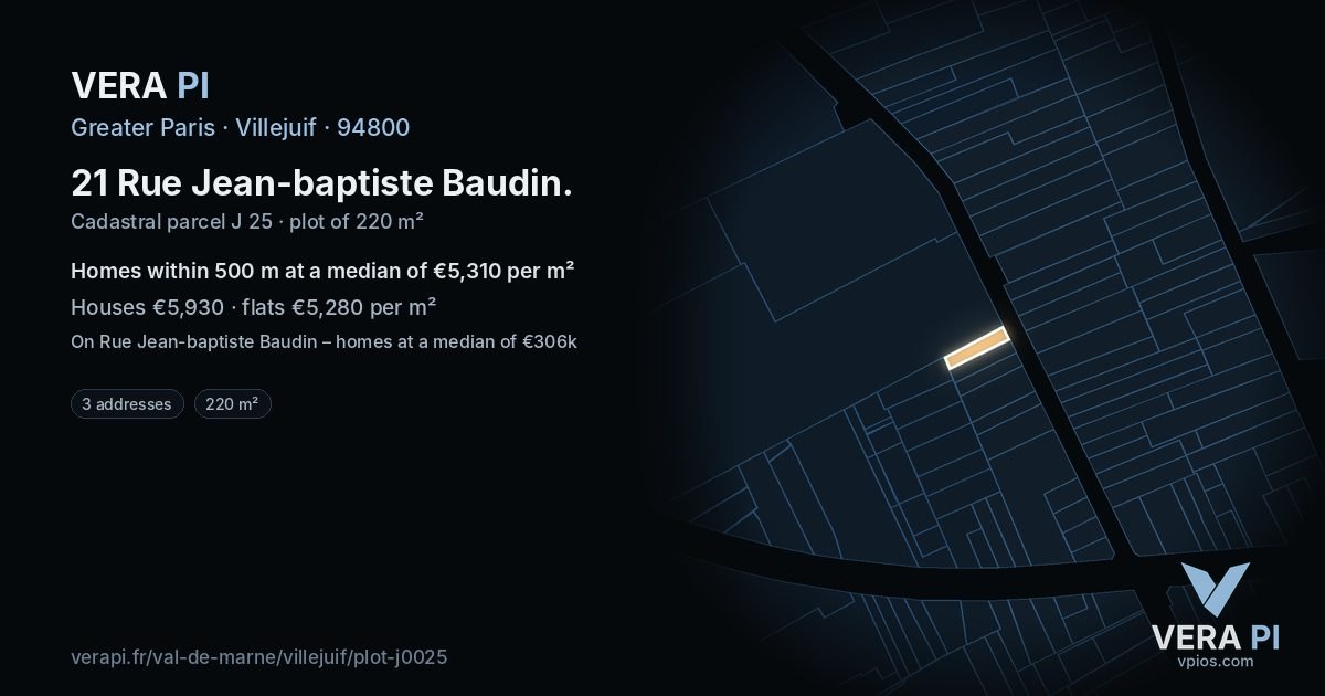 21 Rue Jean-baptiste Baudin, Villejuif at night – the plot lit, the parcels around coloured by the prices near them