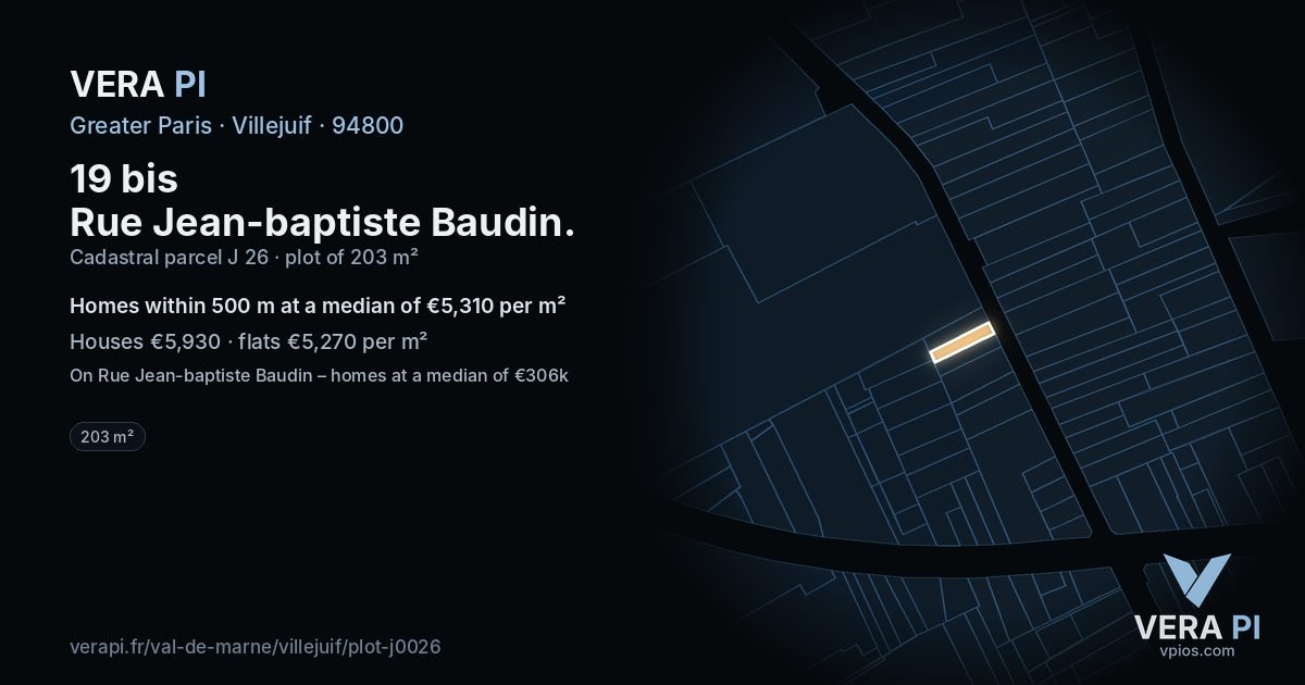 19 bis Rue Jean-baptiste Baudin, Villejuif at night – the plot lit, the parcels around coloured by the prices near them