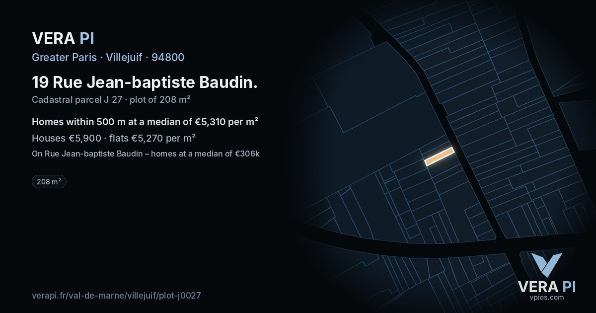 19 Rue Jean-baptiste Baudin, Villejuif at night – the plot lit, the parcels around coloured by the prices near them