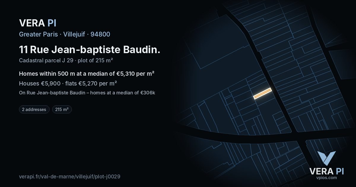 11 Rue Jean-baptiste Baudin, Villejuif at night – the plot lit, the parcels around coloured by the prices near them