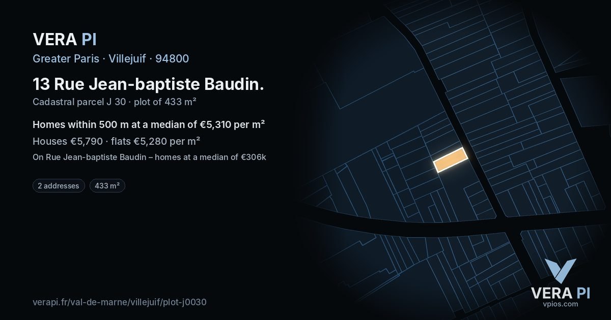 13 Rue Jean-baptiste Baudin, Villejuif at night – the plot lit, the parcels around coloured by the prices near them