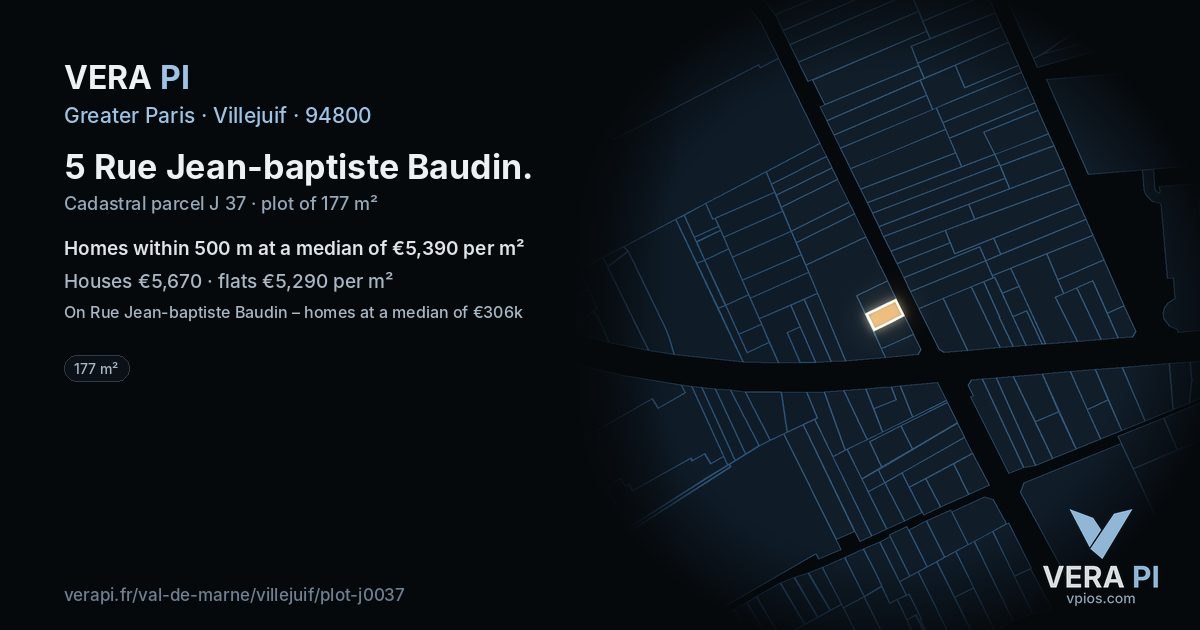 5 Rue Jean-baptiste Baudin, Villejuif at night – the plot lit, the parcels around coloured by the prices near them