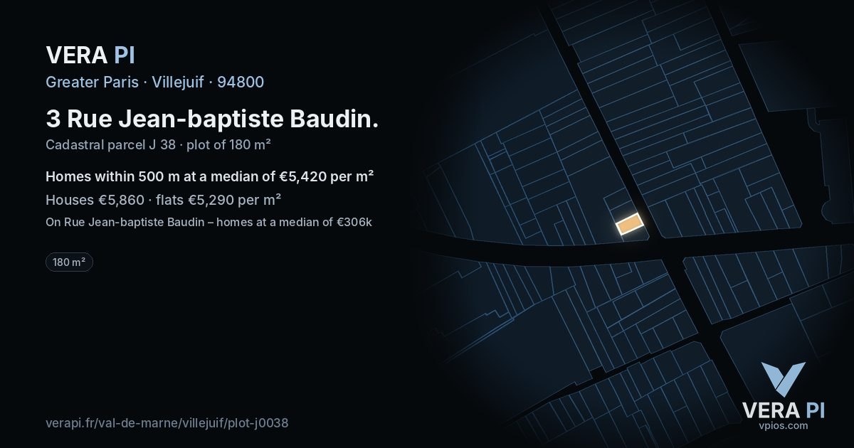 3 Rue Jean-baptiste Baudin, Villejuif at night – the plot lit, the parcels around coloured by the prices near them