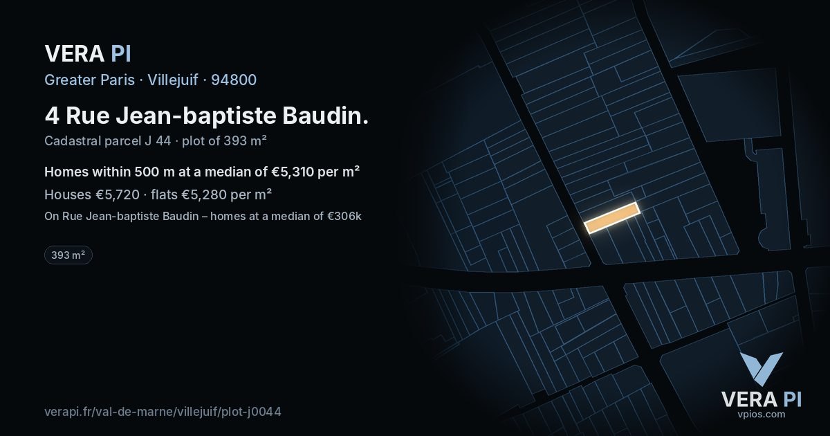 4 Rue Jean-baptiste Baudin, Villejuif at night – the plot lit, the parcels around coloured by the prices near them