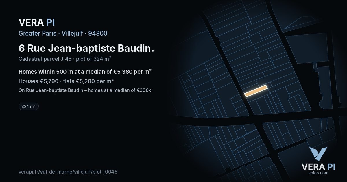 6 Rue Jean-baptiste Baudin, Villejuif at night – the plot lit, the parcels around coloured by the prices near them