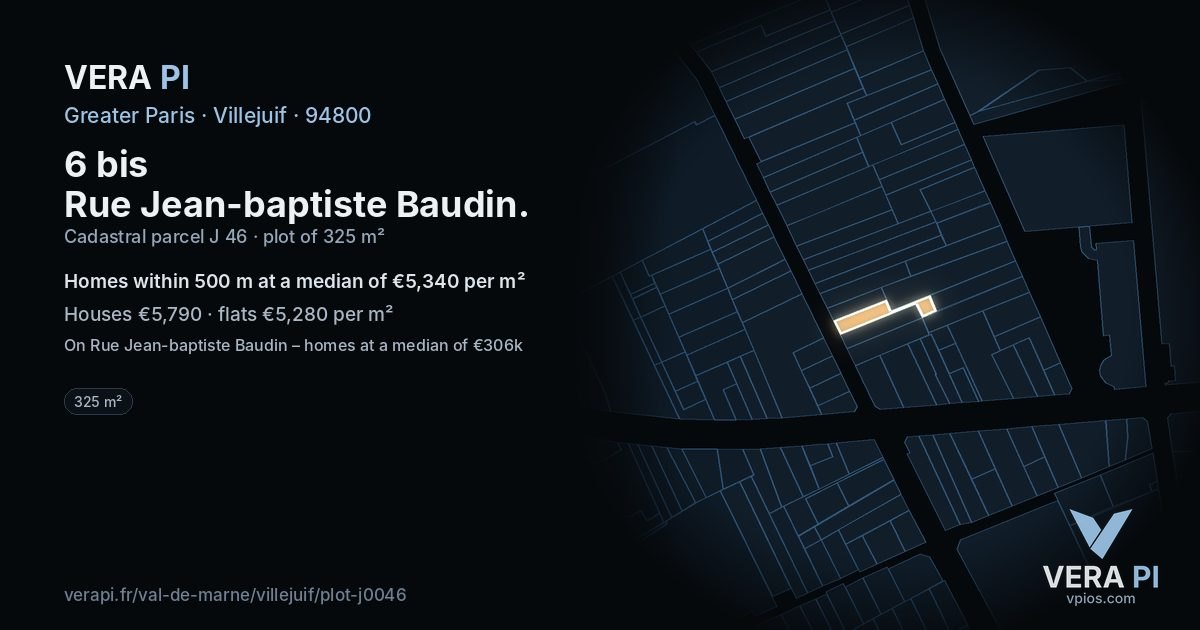 6 bis Rue Jean-baptiste Baudin, Villejuif at night – the plot lit, the parcels around coloured by the prices near them