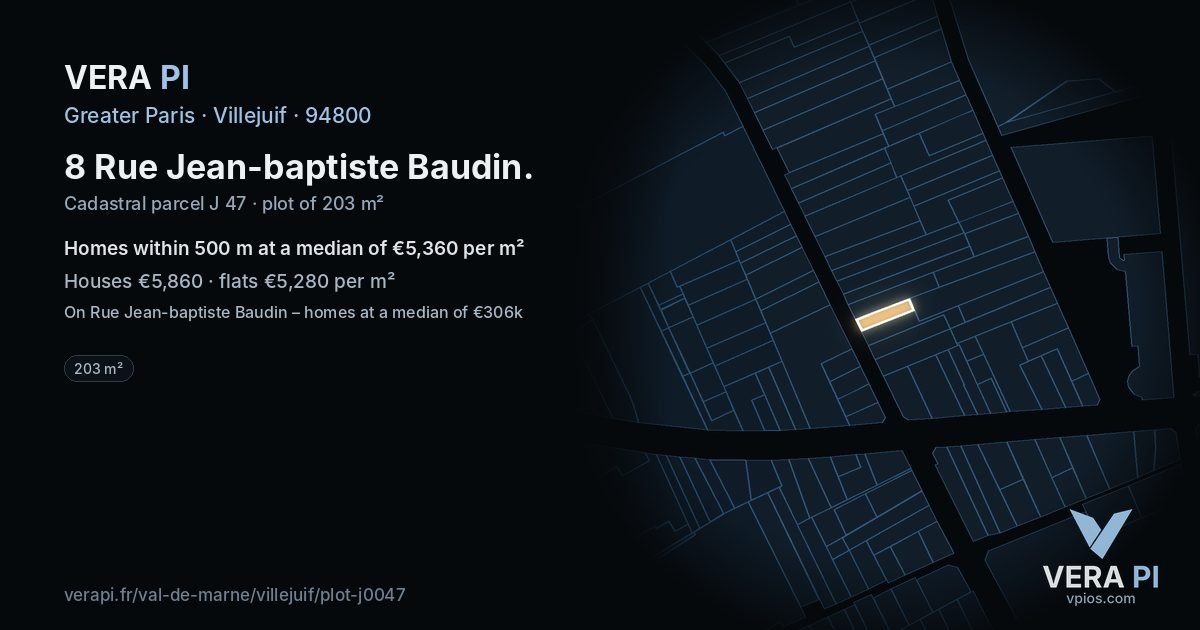 8 Rue Jean-baptiste Baudin, Villejuif at night – the plot lit, the parcels around coloured by the prices near them