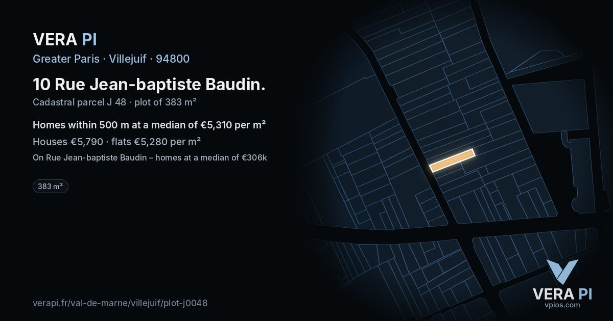 10 Rue Jean-baptiste Baudin, Villejuif at night – the plot lit, the parcels around coloured by the prices near them