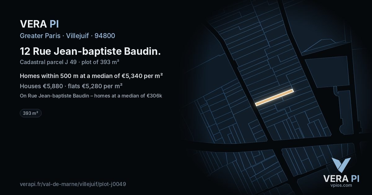 12 Rue Jean-baptiste Baudin, Villejuif at night – the plot lit, the parcels around coloured by the prices near them