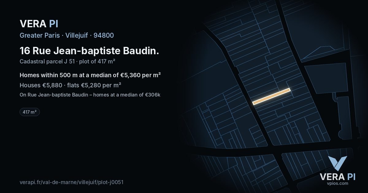 16 Rue Jean-baptiste Baudin, Villejuif at night – the plot lit, the parcels around coloured by the prices near them