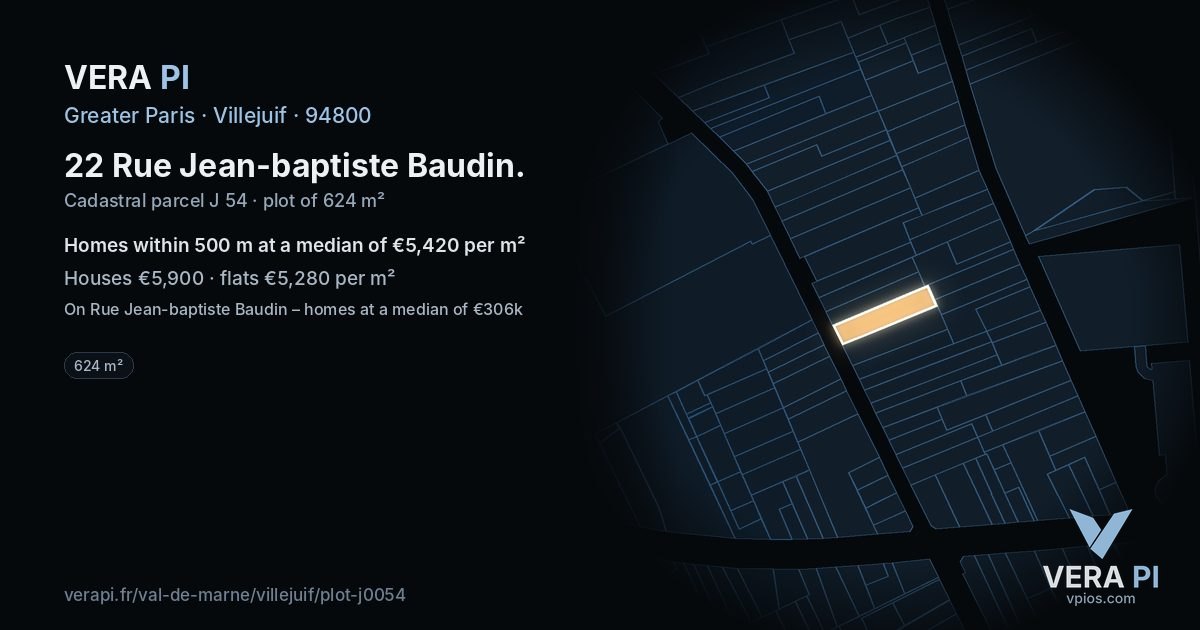22 Rue Jean-baptiste Baudin, Villejuif at night – the plot lit, the parcels around coloured by the prices near them