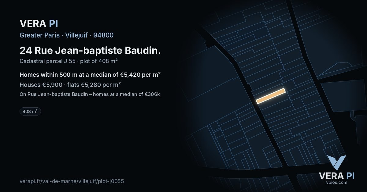 24 Rue Jean-baptiste Baudin, Villejuif at night – the plot lit, the parcels around coloured by the prices near them