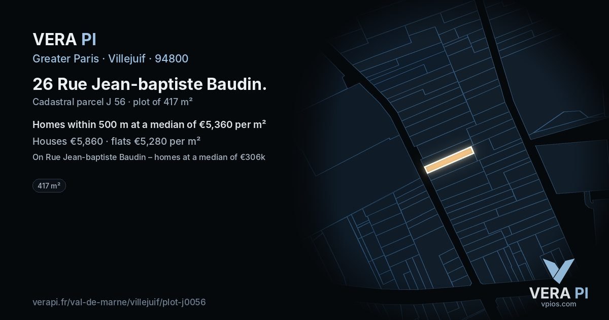 26 Rue Jean-baptiste Baudin, Villejuif at night – the plot lit, the parcels around coloured by the prices near them