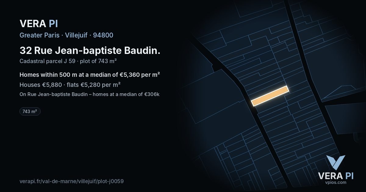 32 Rue Jean-baptiste Baudin, Villejuif at night – the plot lit, the parcels around coloured by the prices near them