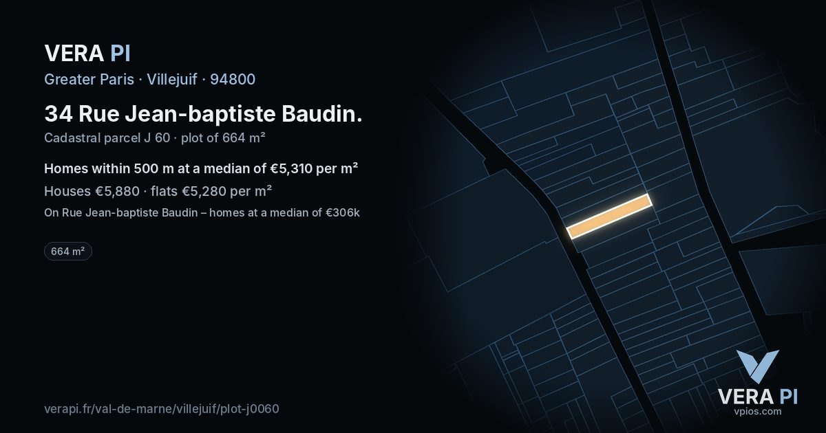 34 Rue Jean-baptiste Baudin, Villejuif at night – the plot lit, the parcels around coloured by the prices near them