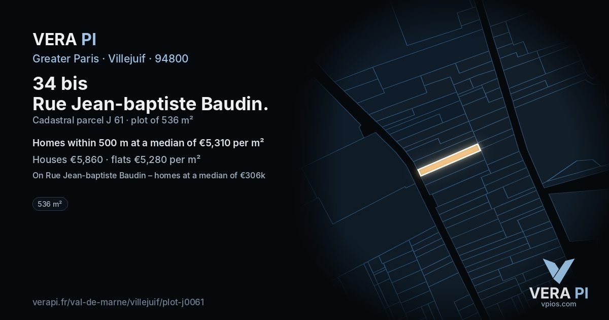 34 bis Rue Jean-baptiste Baudin, Villejuif at night – the plot lit, the parcels around coloured by the prices near them