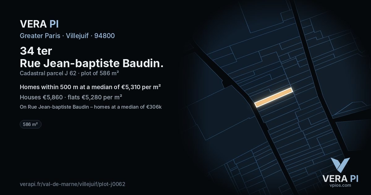 34 ter Rue Jean-baptiste Baudin, Villejuif at night – the plot lit, the parcels around coloured by the prices near them