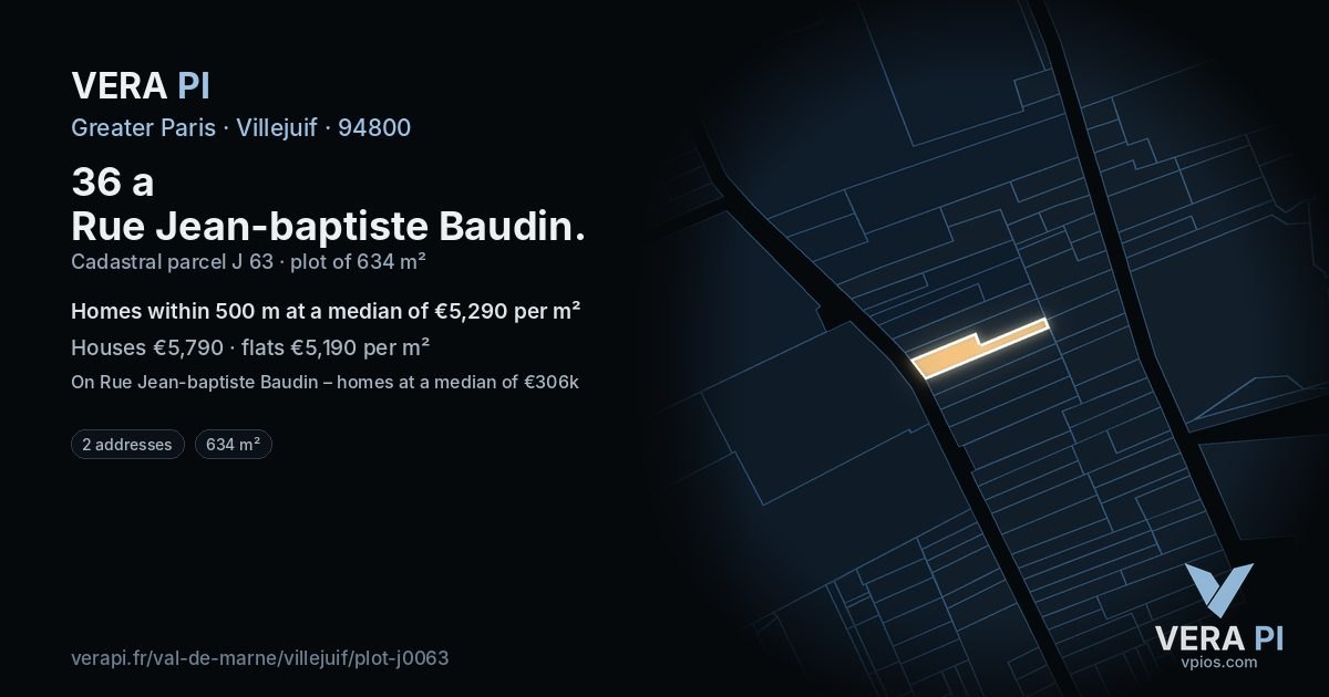 36 a Rue Jean-baptiste Baudin, Villejuif at night – the plot lit, the parcels around coloured by the prices near them
