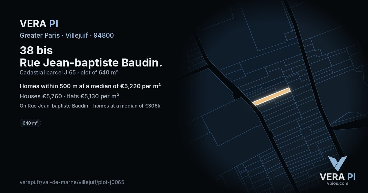 38 bis Rue Jean-baptiste Baudin, Villejuif at night – the plot lit, the parcels around coloured by the prices near them