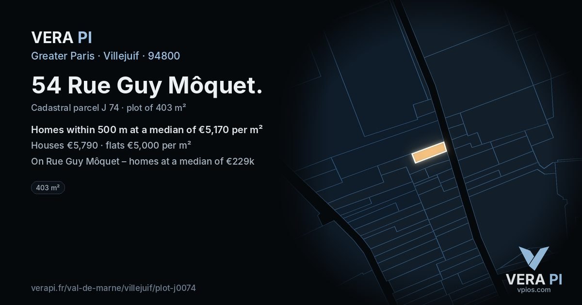 54 Rue Guy Môquet, Villejuif at night – the plot lit, the parcels around coloured by the prices near them