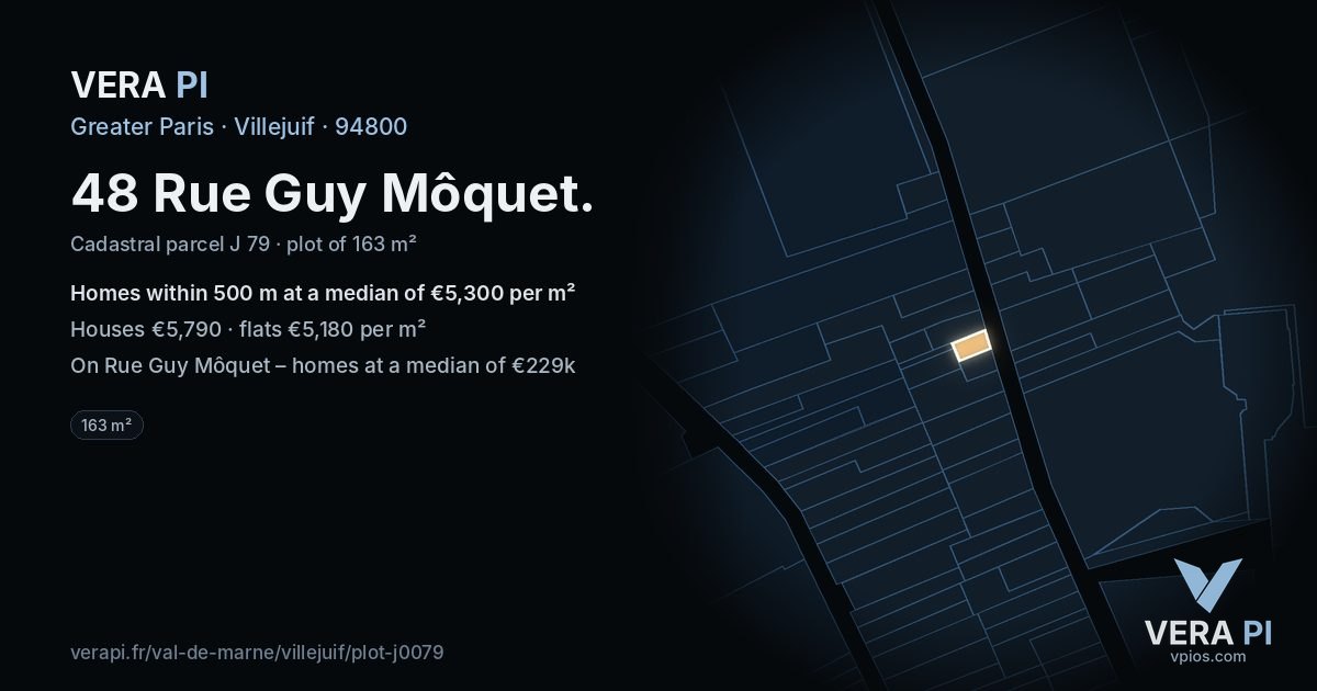 48 Rue Guy Môquet, Villejuif at night – the plot lit, the parcels around coloured by the prices near them