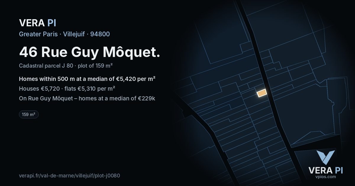 46 Rue Guy Môquet, Villejuif at night – the plot lit, the parcels around coloured by the prices near them