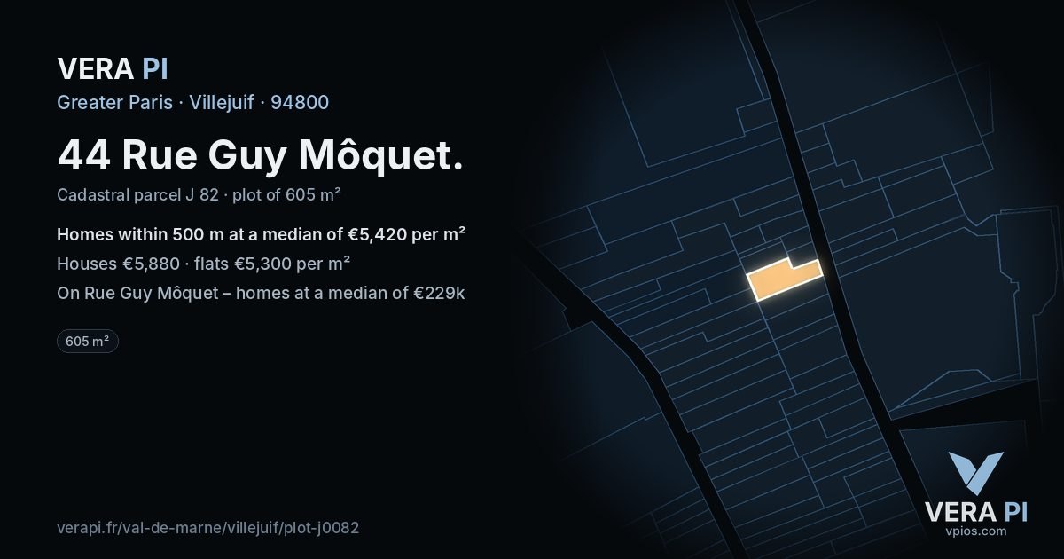 44 Rue Guy Môquet, Villejuif at night – the plot lit, the parcels around coloured by the prices near them