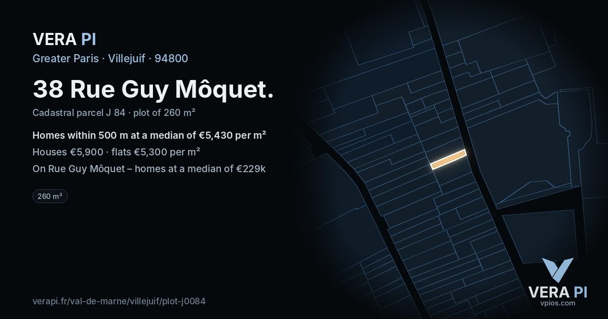 38 Rue Guy Môquet, Villejuif at night – the plot lit, the parcels around coloured by the prices near them