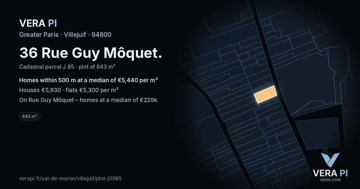 36 Rue Guy Môquet, Villejuif at night – the plot lit, the parcels around coloured by the prices near them