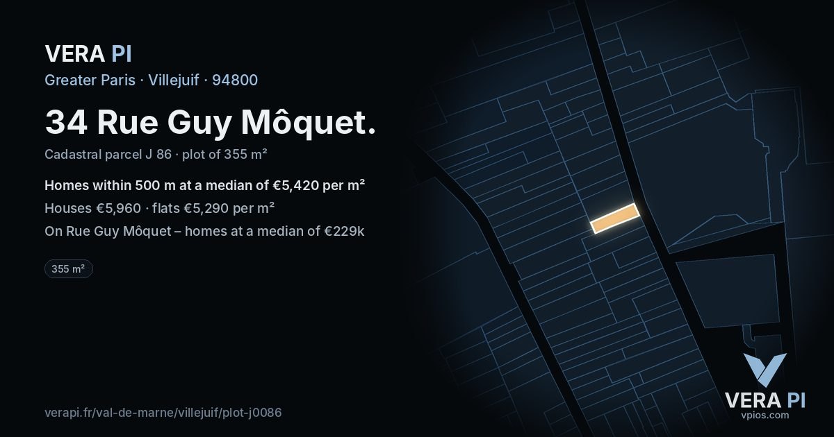 34 Rue Guy Môquet, Villejuif at night – the plot lit, the parcels around coloured by the prices near them
