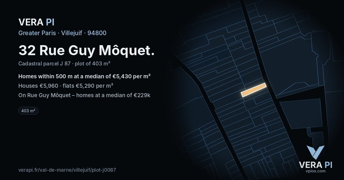 32 Rue Guy Môquet, Villejuif at night – the plot lit, the parcels around coloured by the prices near them