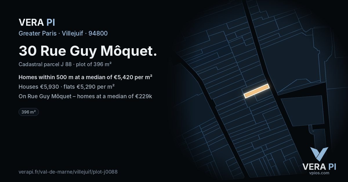 30 Rue Guy Môquet, Villejuif at night – the plot lit, the parcels around coloured by the prices near them