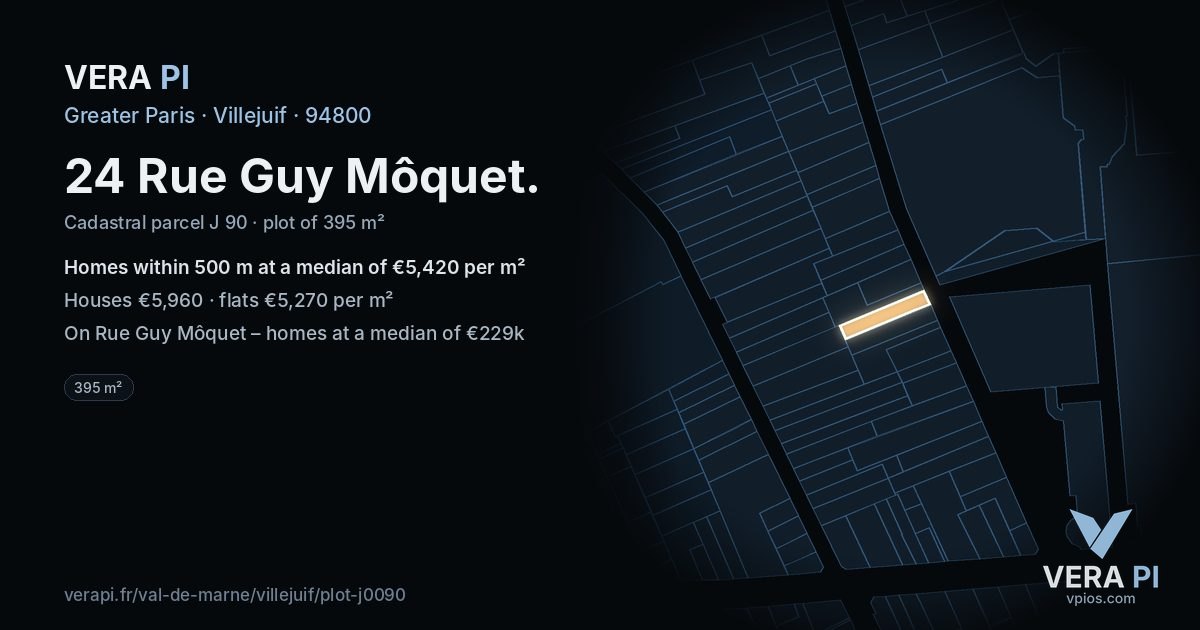 24 Rue Guy Môquet, Villejuif at night – the plot lit, the parcels around coloured by the prices near them