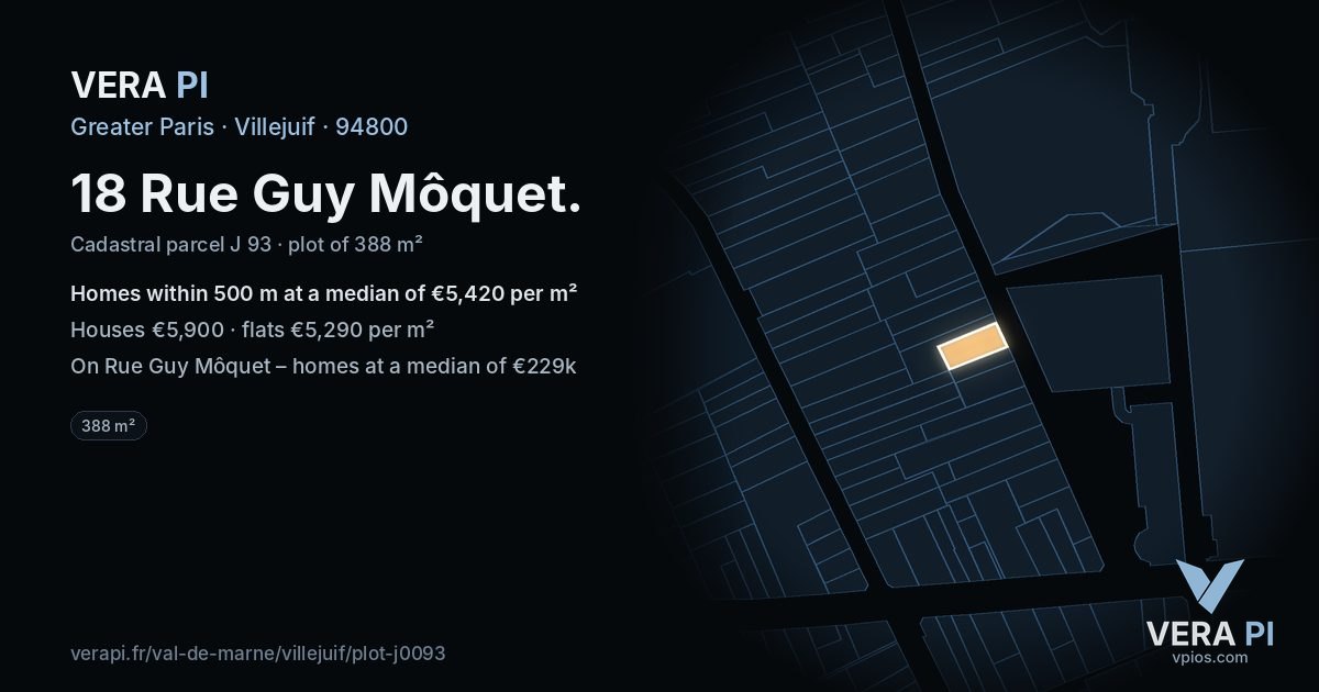 18 Rue Guy Môquet, Villejuif at night – the plot lit, the parcels around coloured by the prices near them