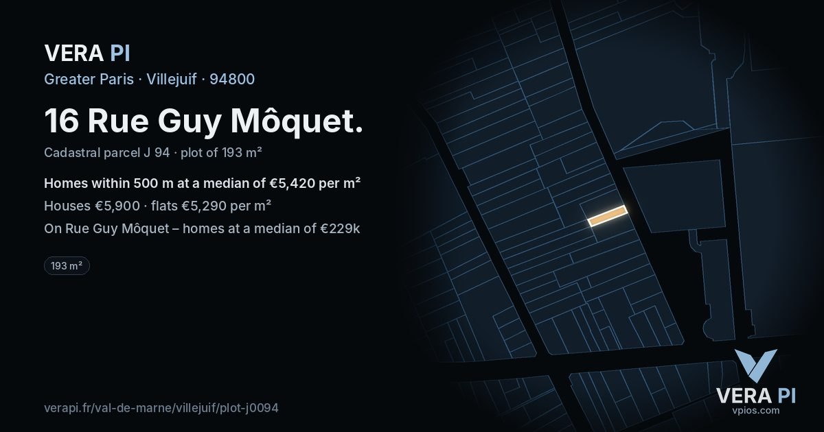 16 Rue Guy Môquet, Villejuif at night – the plot lit, the parcels around coloured by the prices near them