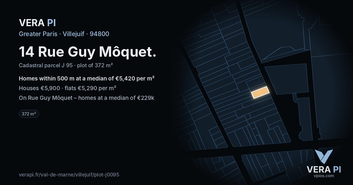 14 Rue Guy Môquet, Villejuif at night – the plot lit, the parcels around coloured by the prices near them