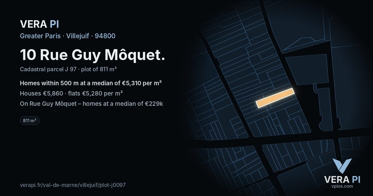 10 Rue Guy Môquet, Villejuif at night – the plot lit, the parcels around coloured by the prices near them